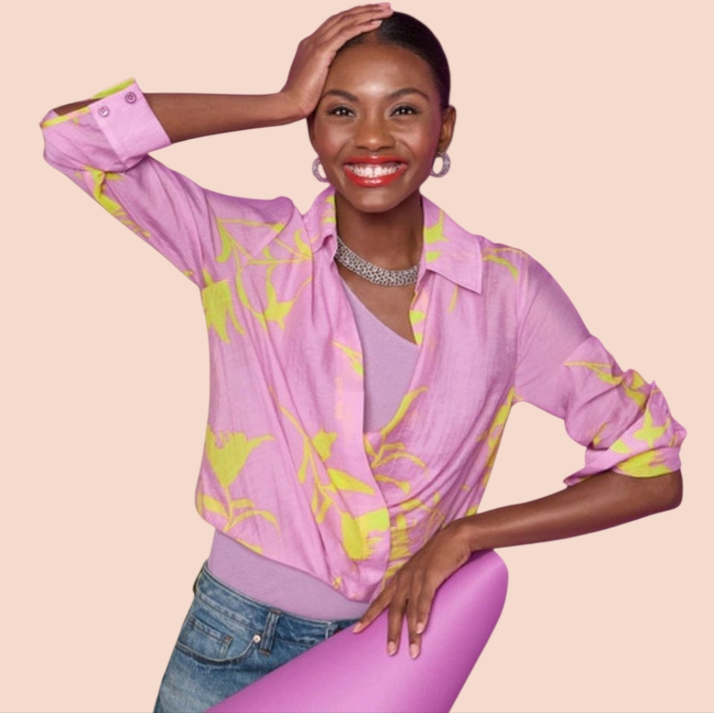 🔥CABI‎ Tropical Orchid Drift Top 645 Pink/Yellow Floral Lyocell Blend Blouse  S
